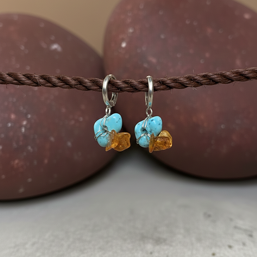 Pair of earrings with turquoise and amber stones on a brown cord against a stone background