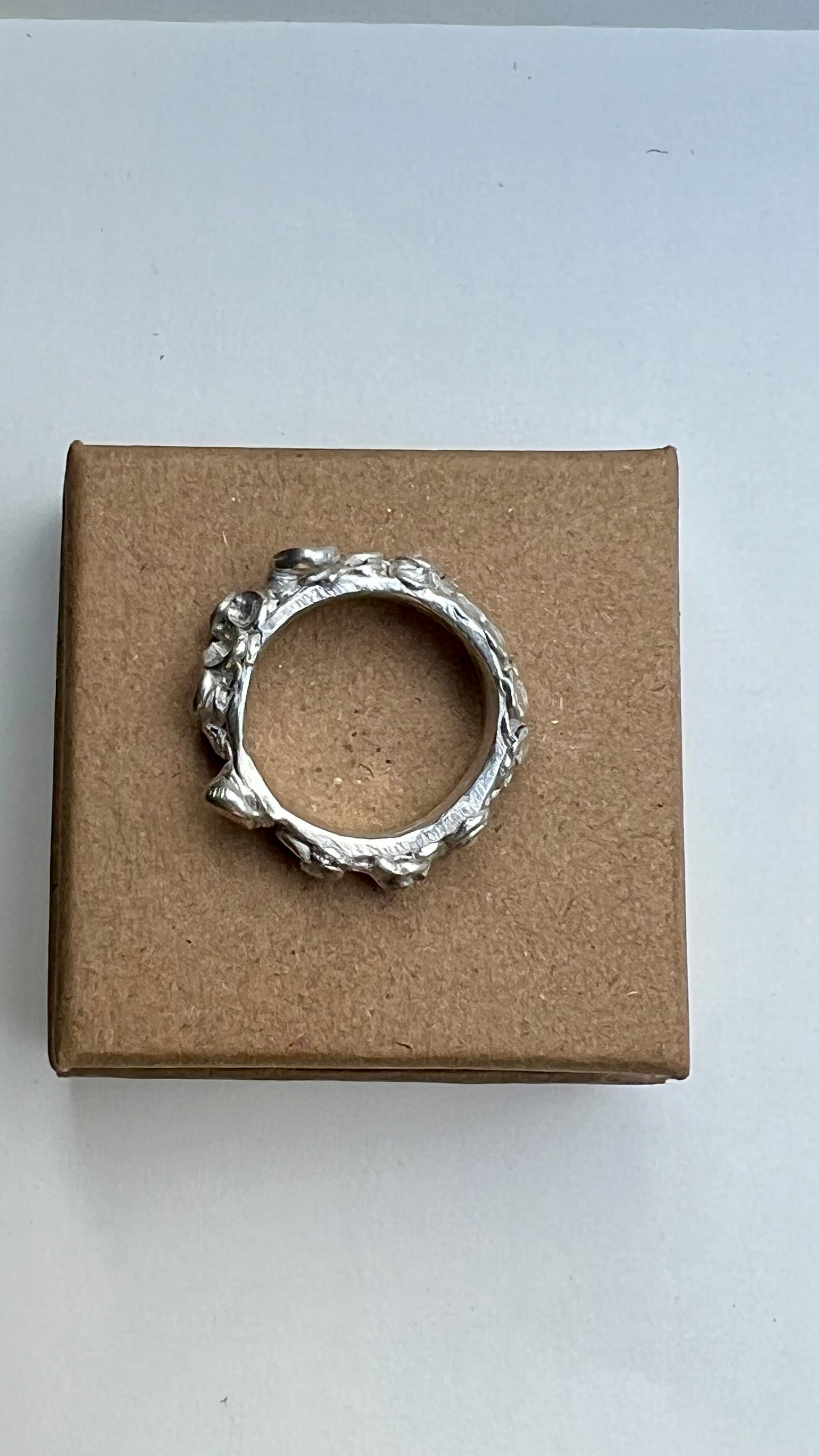 Silver ring on a cardboard box against a white background