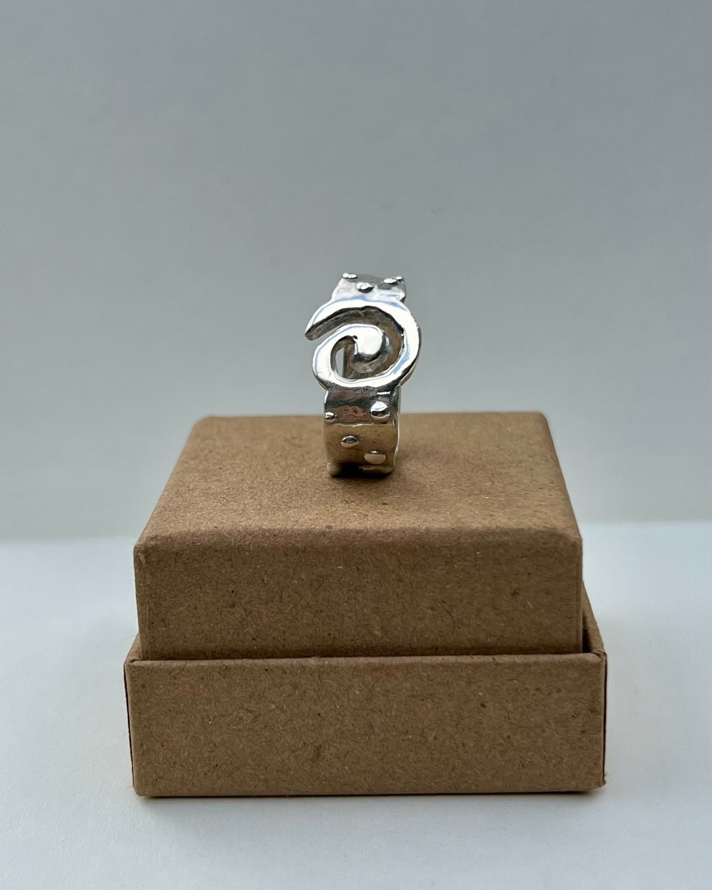 Silver spiral ring on a brown cardboard box against a gray background