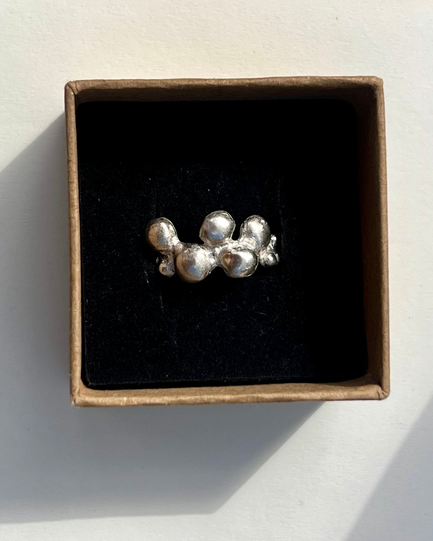 Silver earring in a box on a white surface