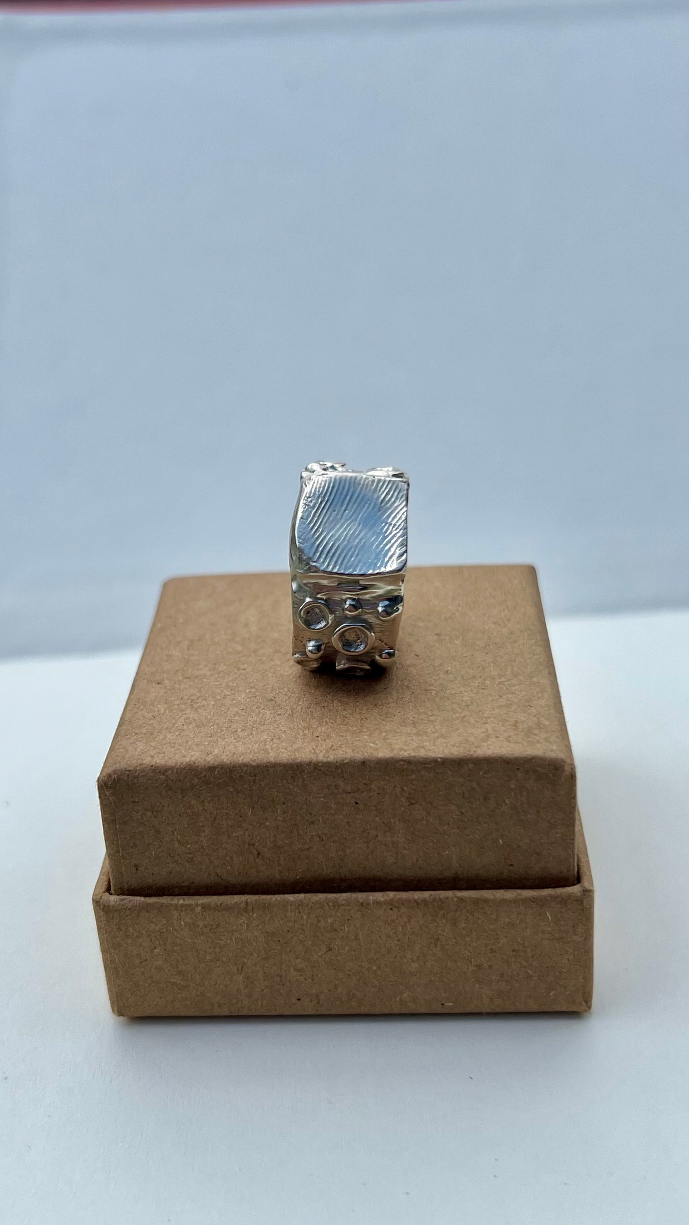 Silver ring on a brown box with a white background