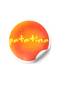 Round sticker with 'patatina' text on an orange and yellow gradient background