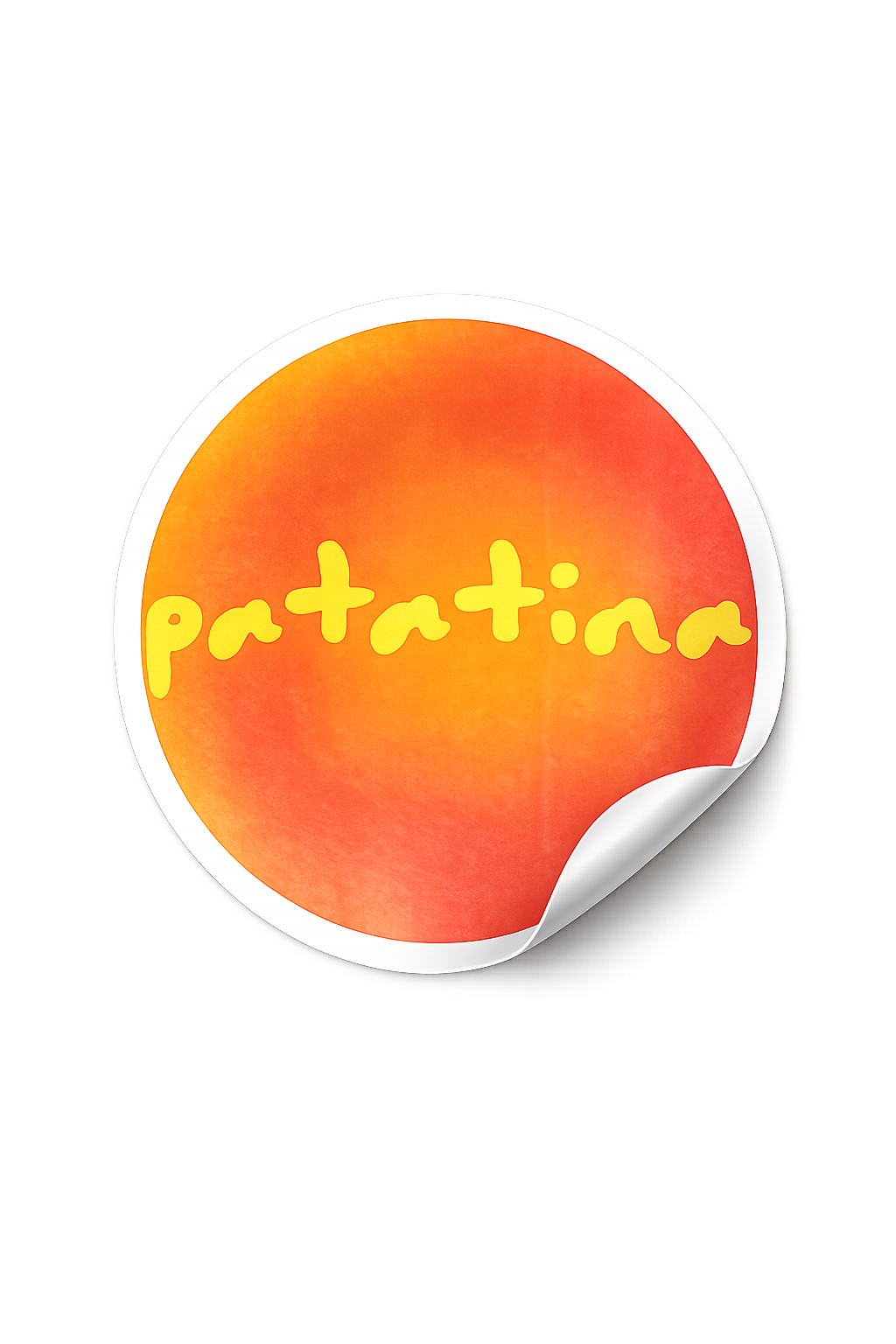 Round sticker with 'patatina' text on an orange and yellow gradient background