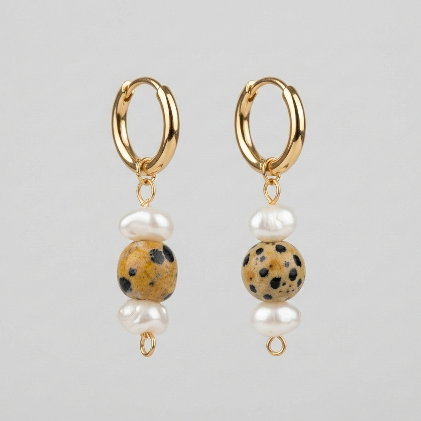 Gold hoop earrings with dalmatian jasper and pearl beads on a gray background
